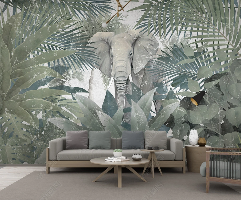 3D Tropical Plant Leaf Animal Elephant Wall Mural Wallpaper Lqh 308