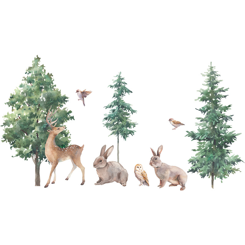 Cartoon Forest Deer Bunny Bird Wall Stickers for Kids Room Bedroom Wall Decor Home Decoration Vinyl Nordic Animals Trees Decals alx