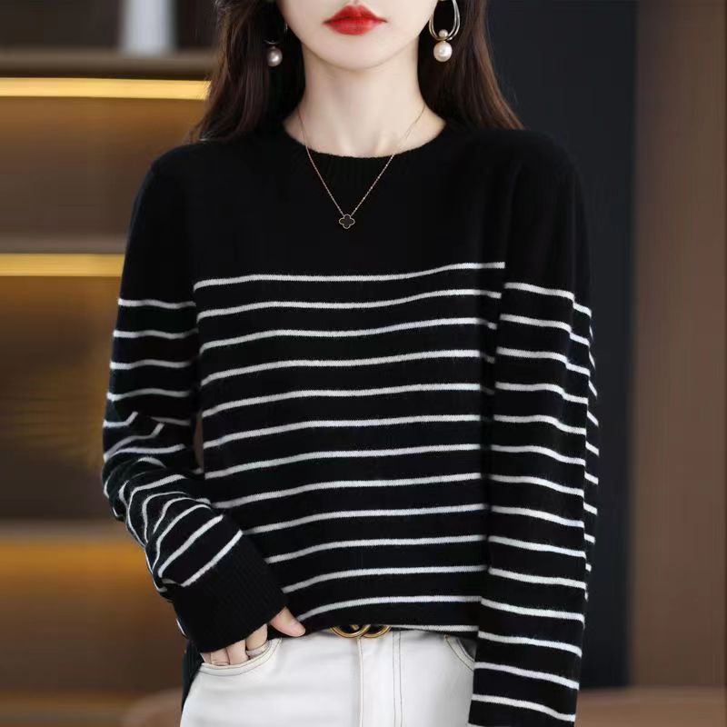 TuangBiang Autumn 2022 Wide Stripe Cotton Pullovers O-Neck Neida Ladies Elegan Sweaters Elasticity Winter Knitted Coffee T-Shirt alx