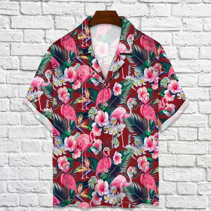 Flamingo Rain Forest Jungle Red Palm Leaves Pattern Hawaii Shirt Ha7158