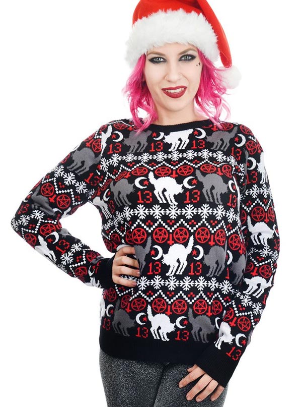 Women’S Black Cat & Pentagram Ugly Christmas Sweater By Rat Baby