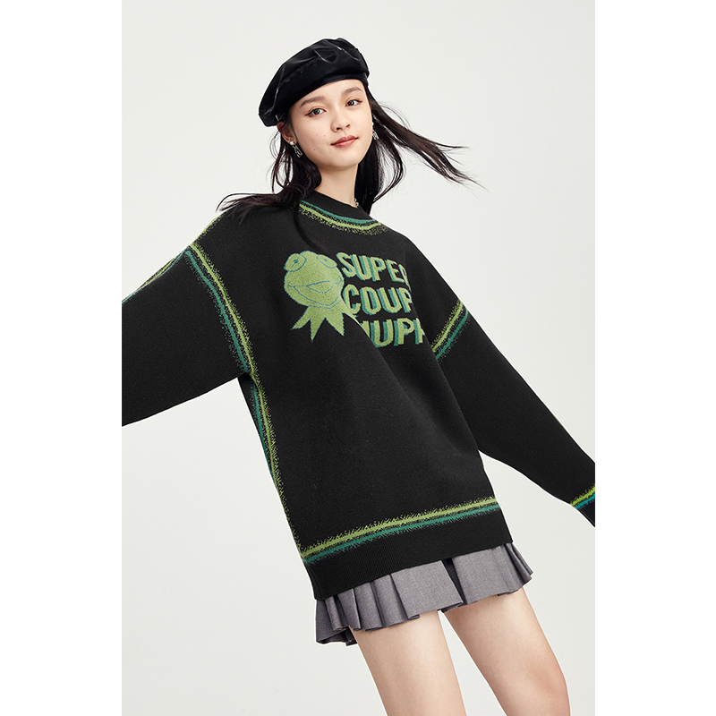 Women’s Clothing Sweater Round Neck Letter Frog Printing Long Sleeves Casual Vintage Fashion Baggy Ladies Knitted Tops Summer alx