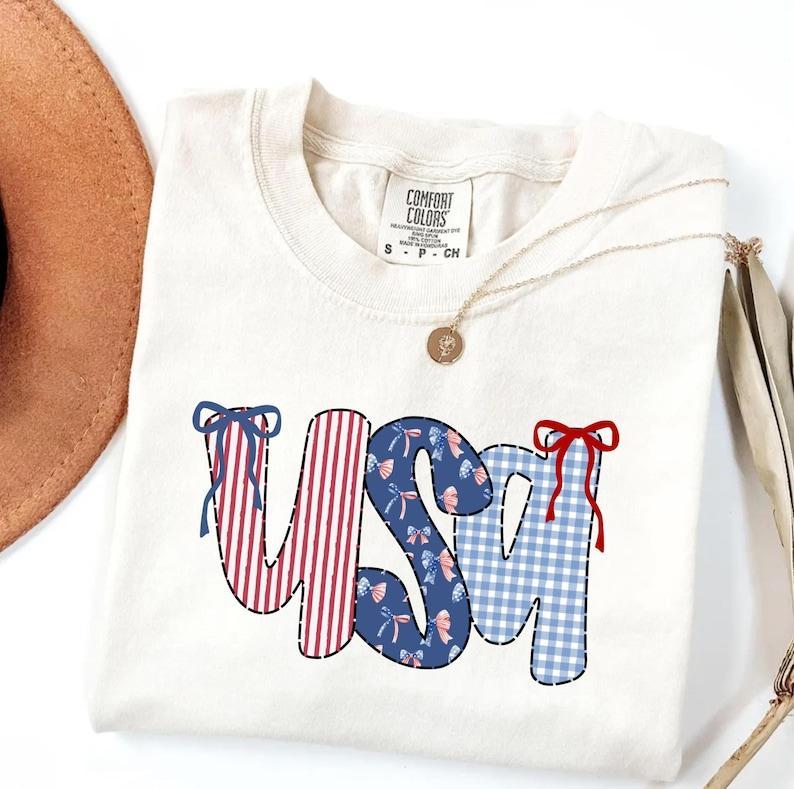 Comfort Colors USA Bow Shirt, Coquette Patriotic Tee, July 4th and Memorial Day USA Graphic