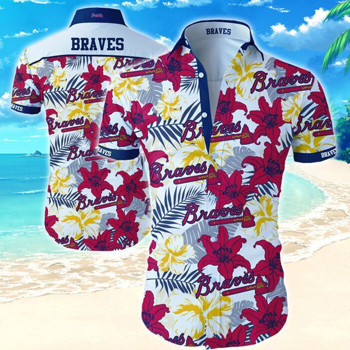 Atlanta Braves Hawaiian Shirt Tropical Flower Short Sleeve Slim Fit Body -Zx09920