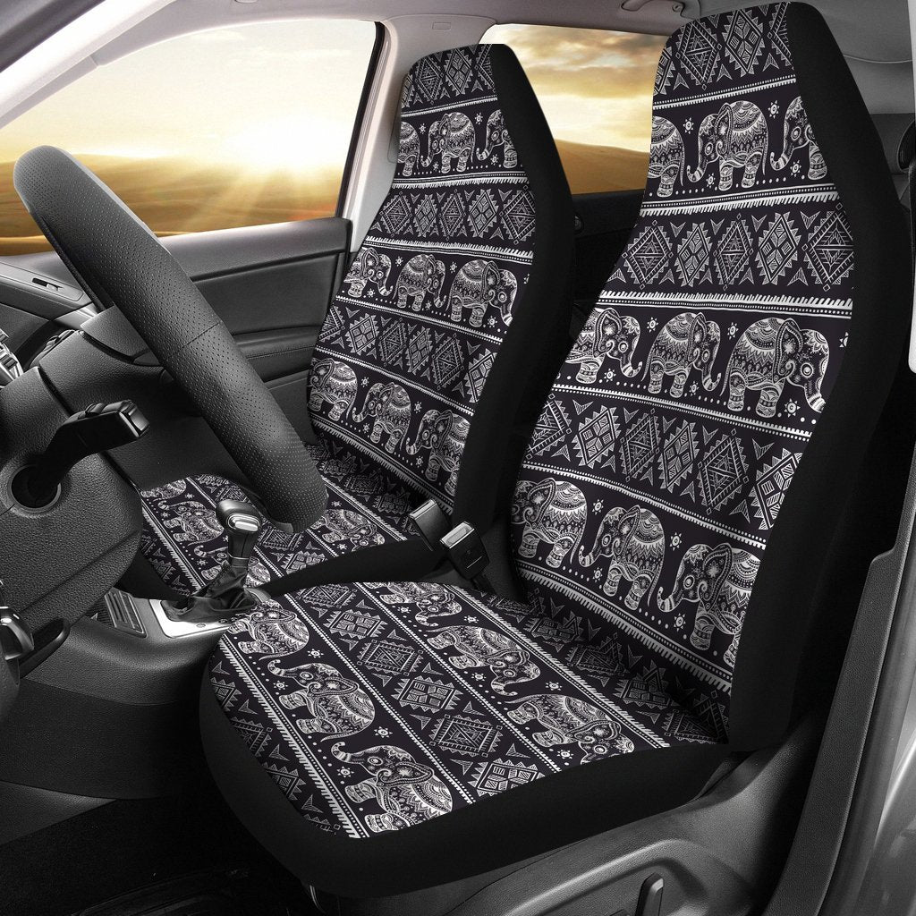 Black Aztec Elephant Pattern Print Seat Cover Car Seat Covers Set 2 Pc, Car Accessories Car Mats