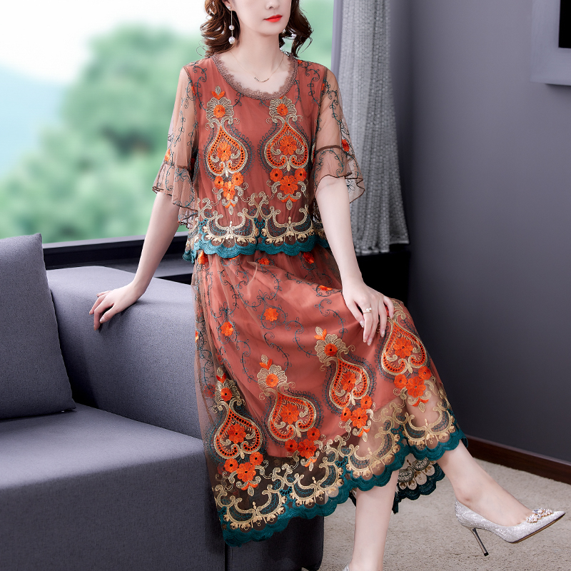 2022 Summer High Street Mesh Flroal Embroidery Long Dress Women Casual Vintage Beach Midi Dresses Elegant Bodycon Party Vestidos alx