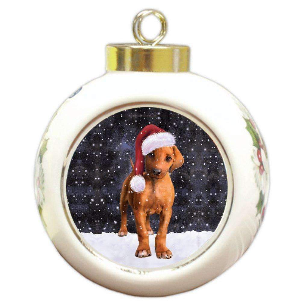 Let It Snow Christmas Holiday Rhodesian Ridgeback Puppy Dog Wearing Santa Hat Round Ball Ornament D233