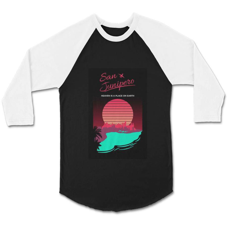 San Junipero Retro 80s Neon Original Art Animal Cute Mlack Mirror CPY Unisex 3/4 Sleeve Baseball Tee T-Shirt