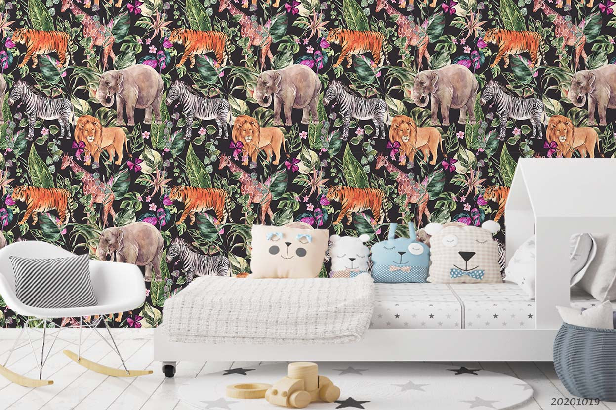 3D Watercolor Jungle Animals Mural Wallpaper Wj 9484