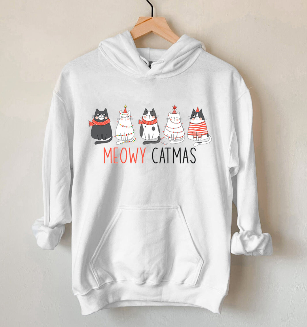 Meowy Catmas Christmas Hoodie For Kids & Adults, Funny Cats Hoodie, Cat Mom, Kitty Gift Hoodie, Christmas Gift For Women Kids, Christmas Hoodie