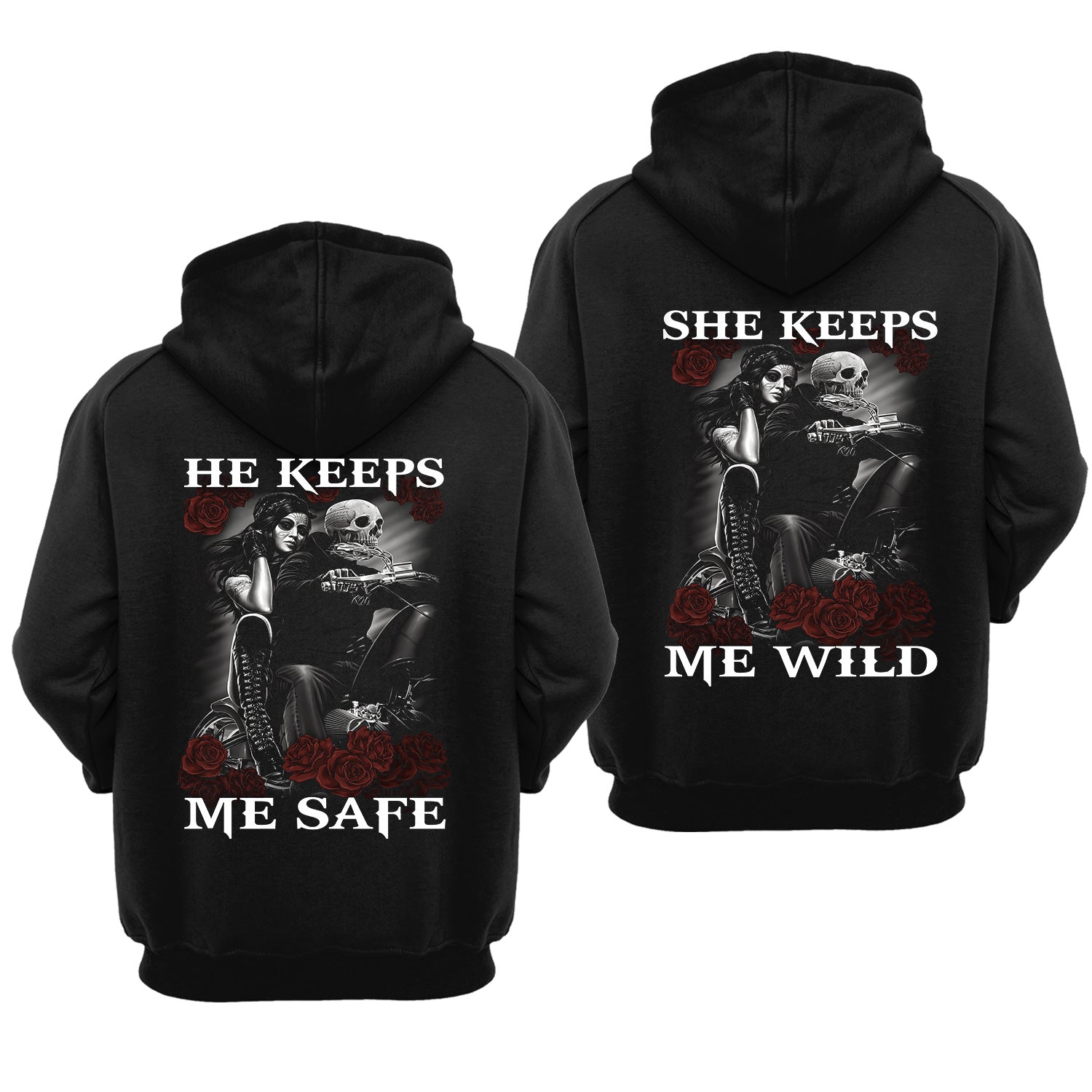 Motorcycle Skeleton Couple Ride Or Die She Keeps Me Wild Valentine Gift Couple Matching Hoodie