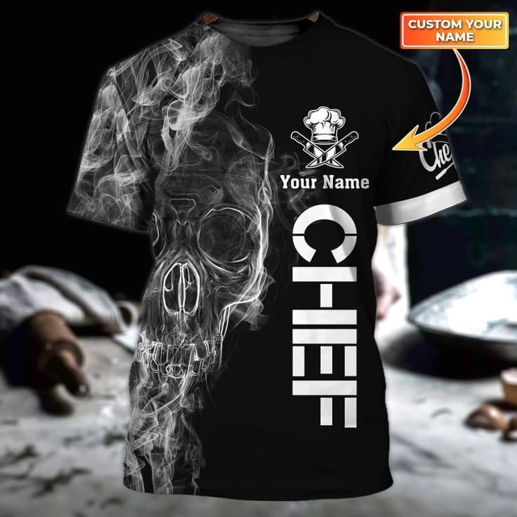 Custom Chef Skull Black 3D Tshirt, Skull Master Chef Shirts, Chef Shirt