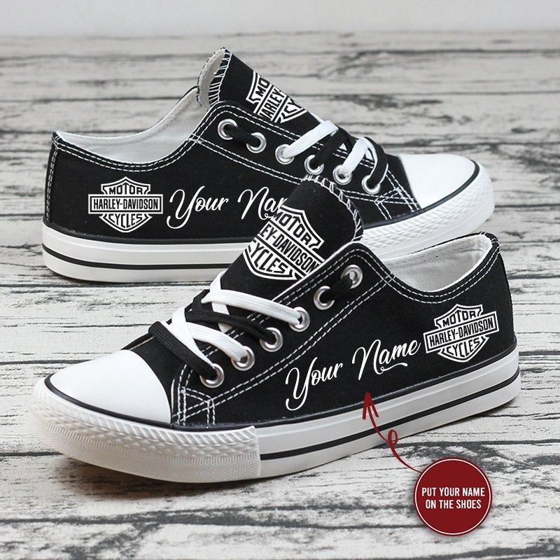 Harley Davidson Personalized Custom Name Black Low Top Shoes, Harley Low Top, Custom Shoes, Birthday Gift, Motorcycle Shoes