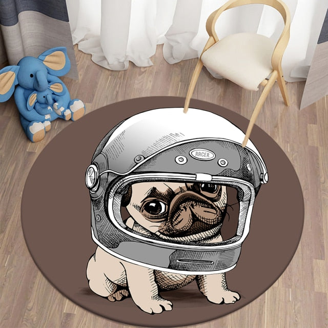 Cartoon Helmet Pug Round Carpets For Children’S Room Living Room Rugs Puppy Soft Flannel Floor Area Rug