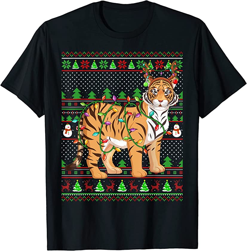 Ugly Xmas Sweater Style Lighting Tiger Christmas T-Shirt