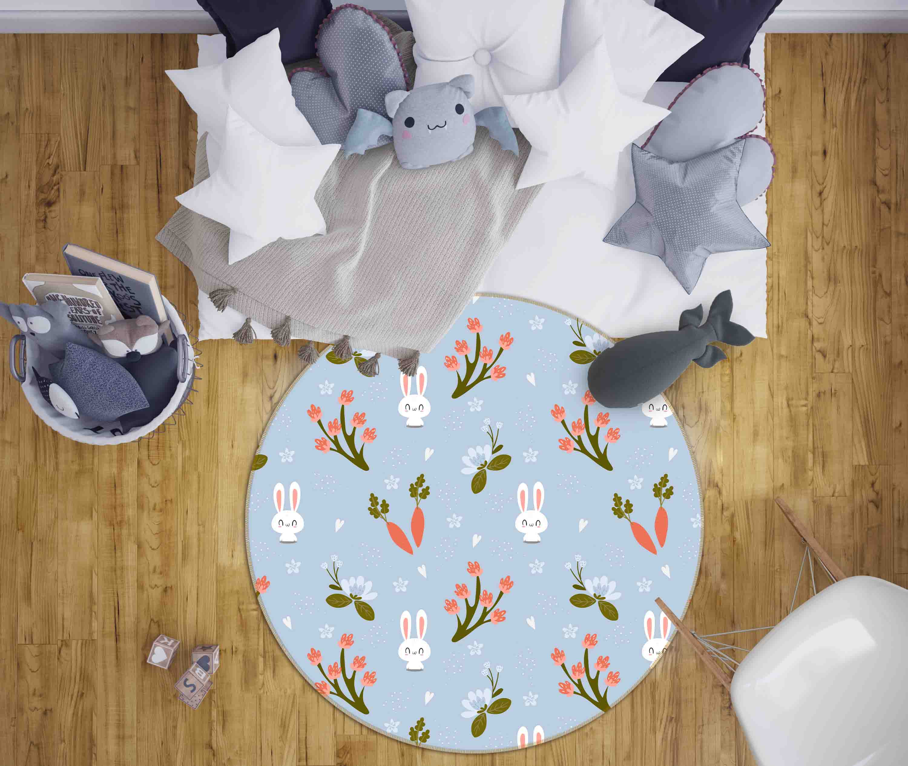 3D Cartoon Animal Carrot Floral Kids Non-Slip Round Rug Mat 80