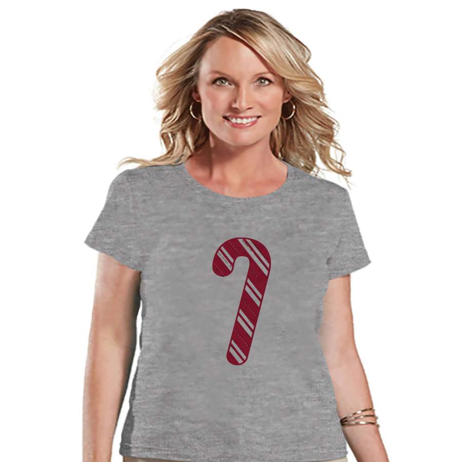 Women’s Christmas Shirt – Candy Cane Shirt – Mom Christmas Present Idea – Family Christmas Pajamas – Grey T-shirt – Christmas Gift Idea