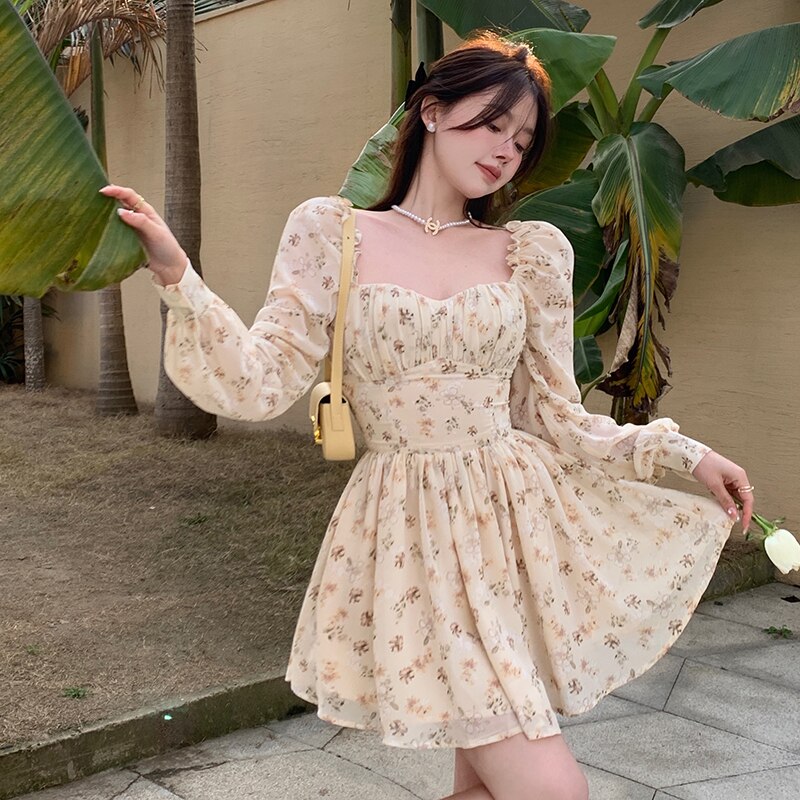 Vintage Floral Mini Chiffon Dress Korean Women 2022Spring Summer Elegant Sexy Square Neck Puff Sleeves High Waist Party Dresses alx