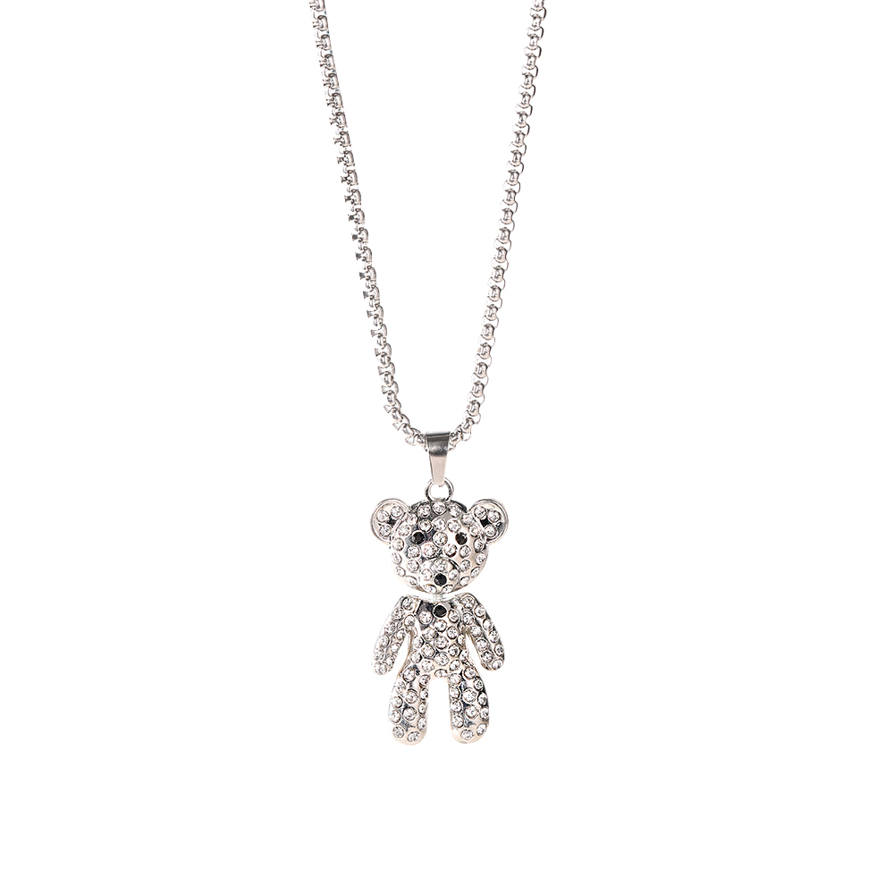 Cute full diamond bear earth cool titanium steel necklace female trend net red disco hip hop pendant personality sweater chain alx