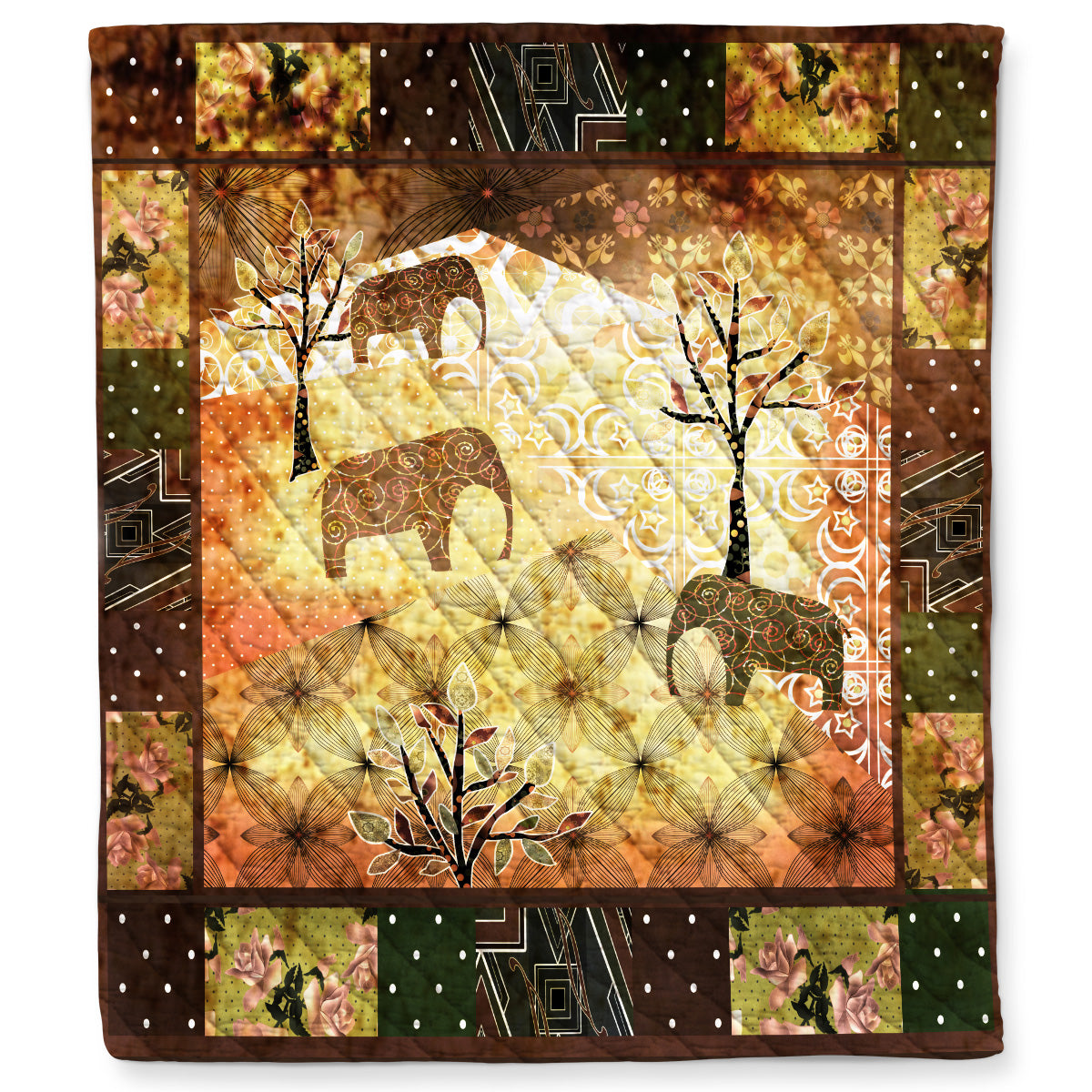 African Elephant Flower Art Quilt Blanket