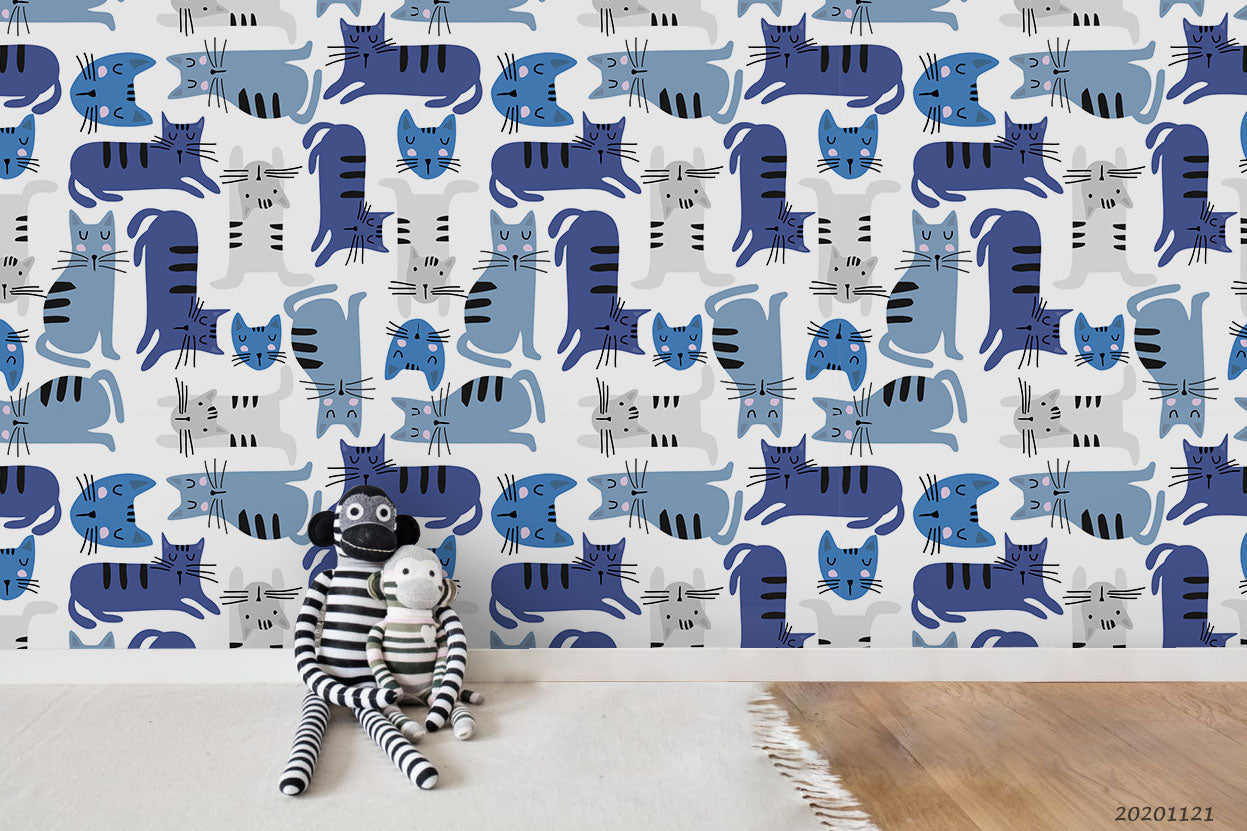 3D Cartoon Blue Cat Animal Pattern Wall Mural Wallpaper Lxl