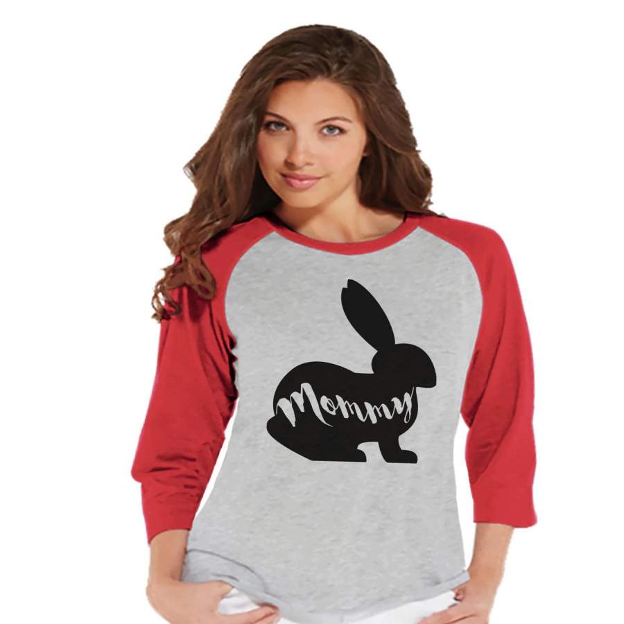 Womens Easter Shirt – Ladies Mommy Bunny Happy Easter Shirt – Easter T-shirt – Gift for Her – Matching Family Bunny Shirts – Red Raglan