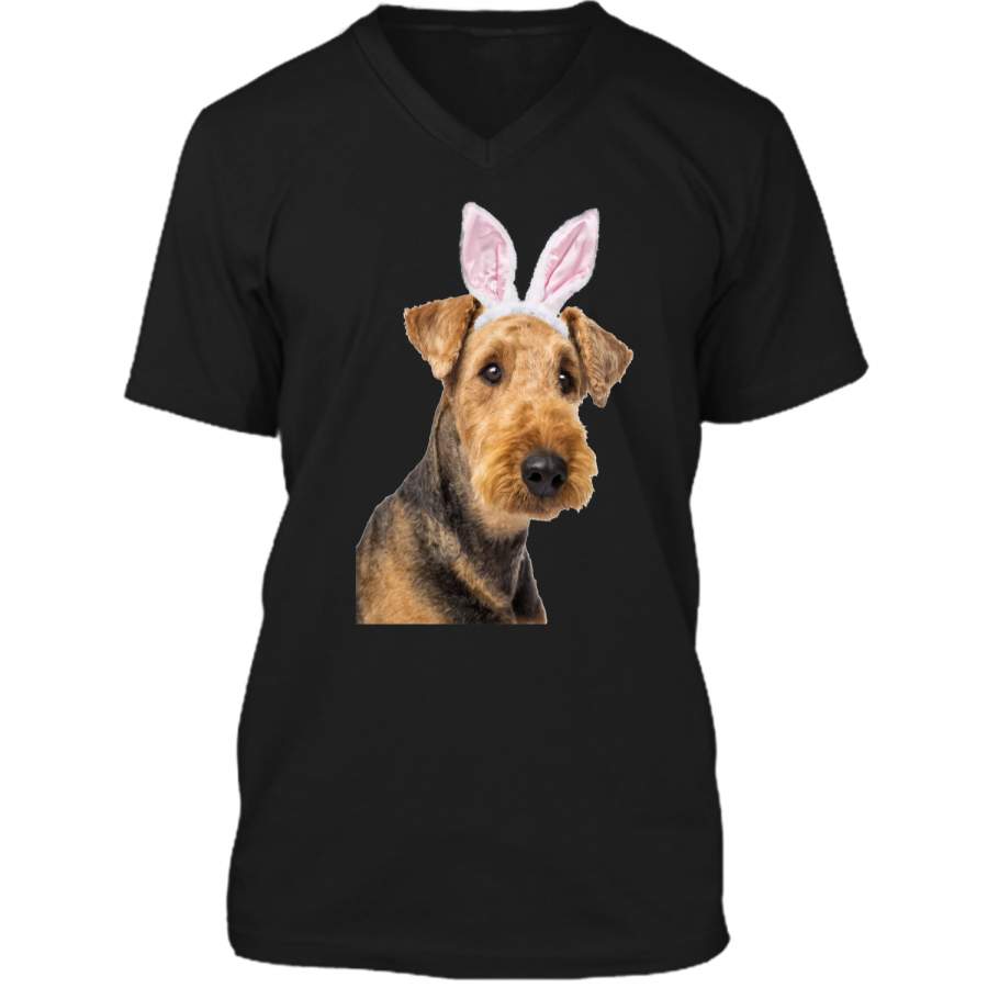 Airedale Terrier Wearing Easter Bunny Ears Dog T-Shirt Mens Printed V-Neck T