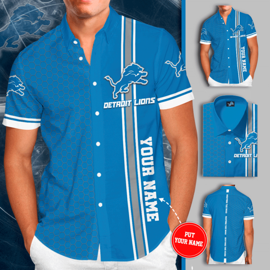 Personalized Detroit Lions All Over Print 3D Tiling Short Sleeve Dress Shirt Hawaiian Summer Aloha Beach Shirt – Blue