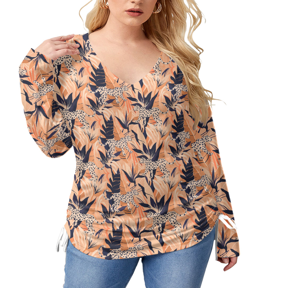 Abstract Jungle Pattern Leopard V-Neck Plus Size T-Shirt