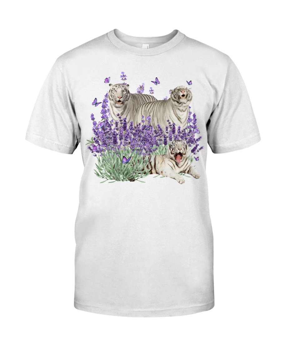 White Tiger And Gorgeous Purple Flower – Standard T-Shirt White M0208 T-Shirt Hoodie All Color Size S-5Xl