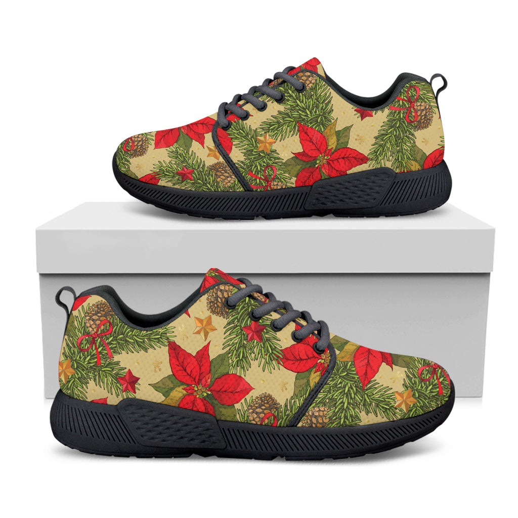 Vintage Christmas Poinsettia Print Black Athletic Shoes