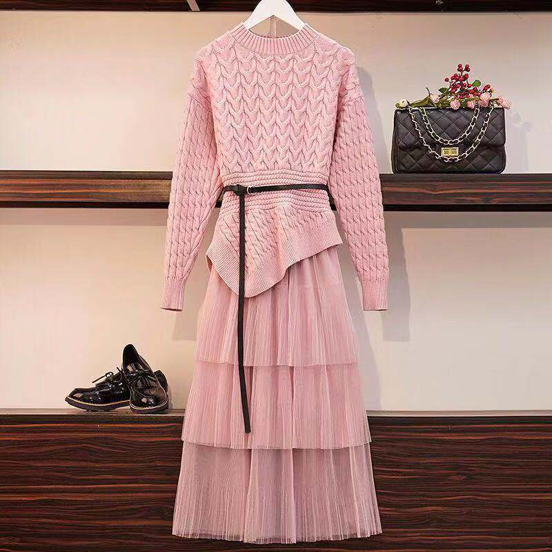 Spring Sweater Two Pieces Set Women Long Sleeve Irregular Belt Slim Knitted Tops Mesh Cake Skirts Suits Plus Size Clothes Female alx