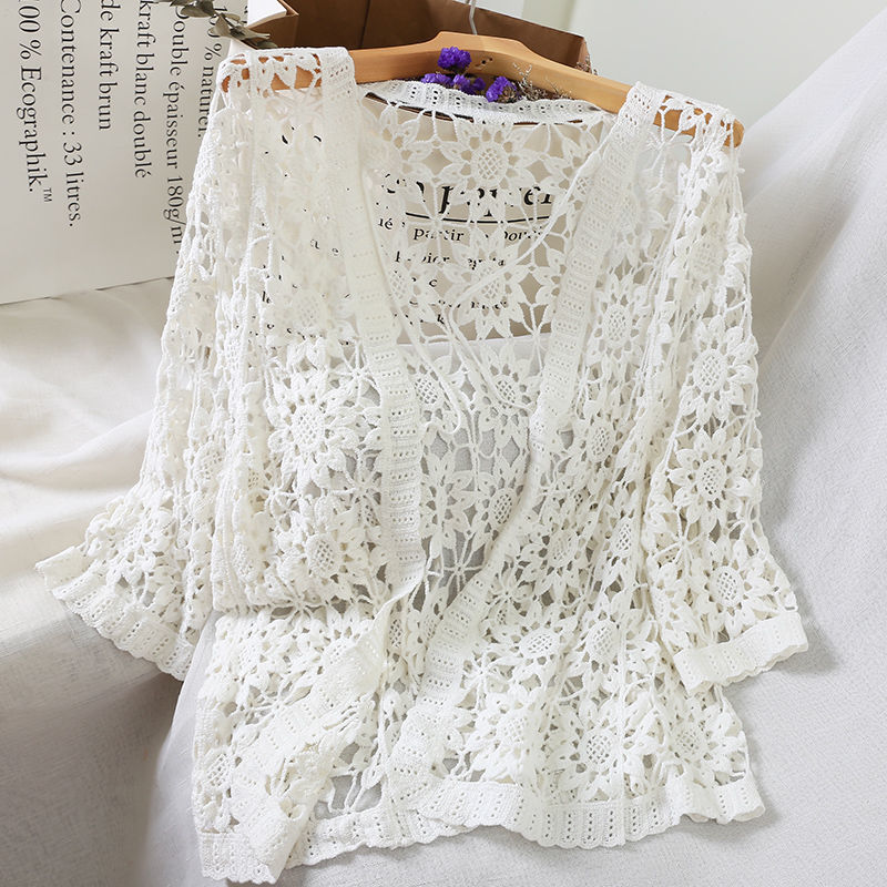 Summer Thin Mid-sleeve New Solid Color Lace Jacket Women’s Cardigan Hollow Knitted Top 2022 Fashion Casual Handmade Sweater alx