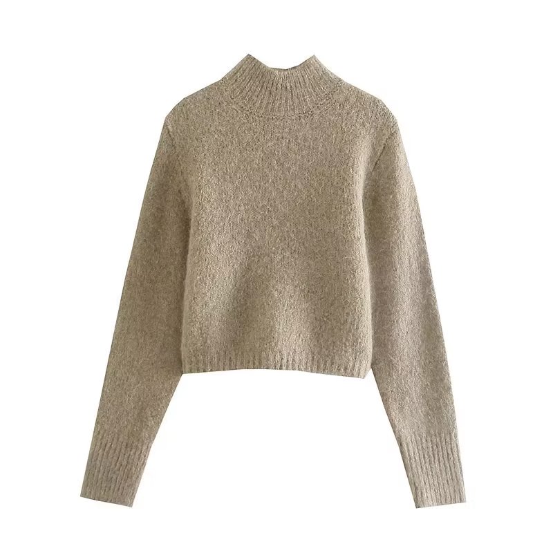 TRAF Grey Cropped Sweater Women Knitted Pullover Women Sweaters Fall Turtleneck Sweater Woman Long Sleeve Knit Top Female Jumper alx