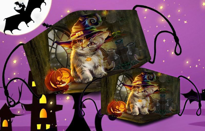 Kitty Cat Witch Halloween Night Face Covering Kitty Kitten Cat Lovers Halloween Gift Cotton Mask 1-10 Pcs For Kid & Adult All Over Print Face Mask Covering For Adults And Kids