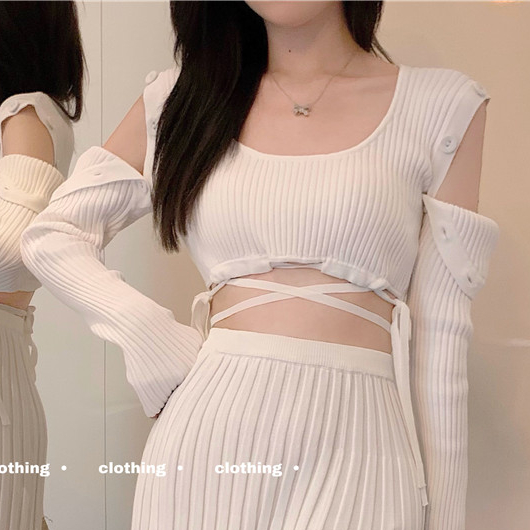 Y2k Knit Sweater +skirt 2 Pieces Sets Women Autumn Short Sexy Slim Detachable Sleeves Tie U-neck White Long-sleeved Pullover Top alx