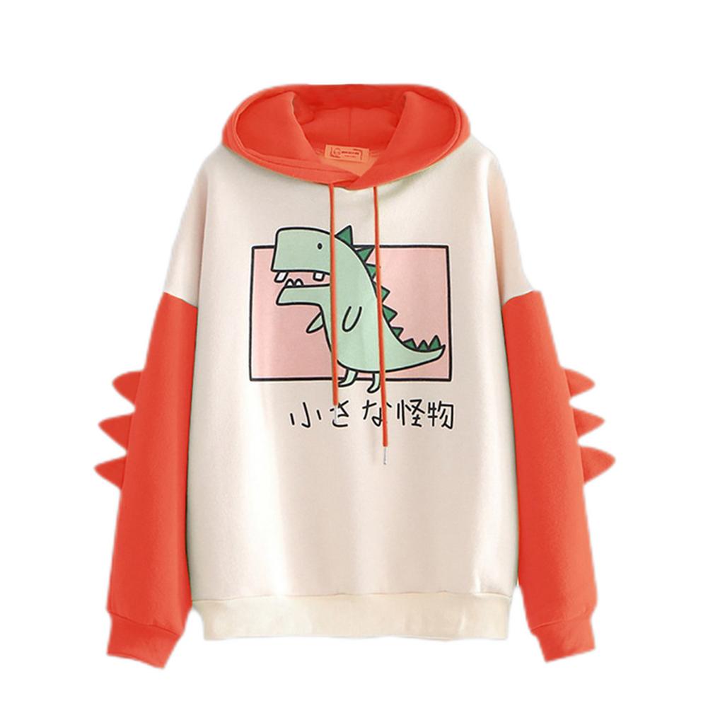 Cute Dinosaur Cartoon Hoodie Women Fashion Sweatshirt Casual Print Long Sleeve Korean Style Splice Tops Kawaii Clothes alx