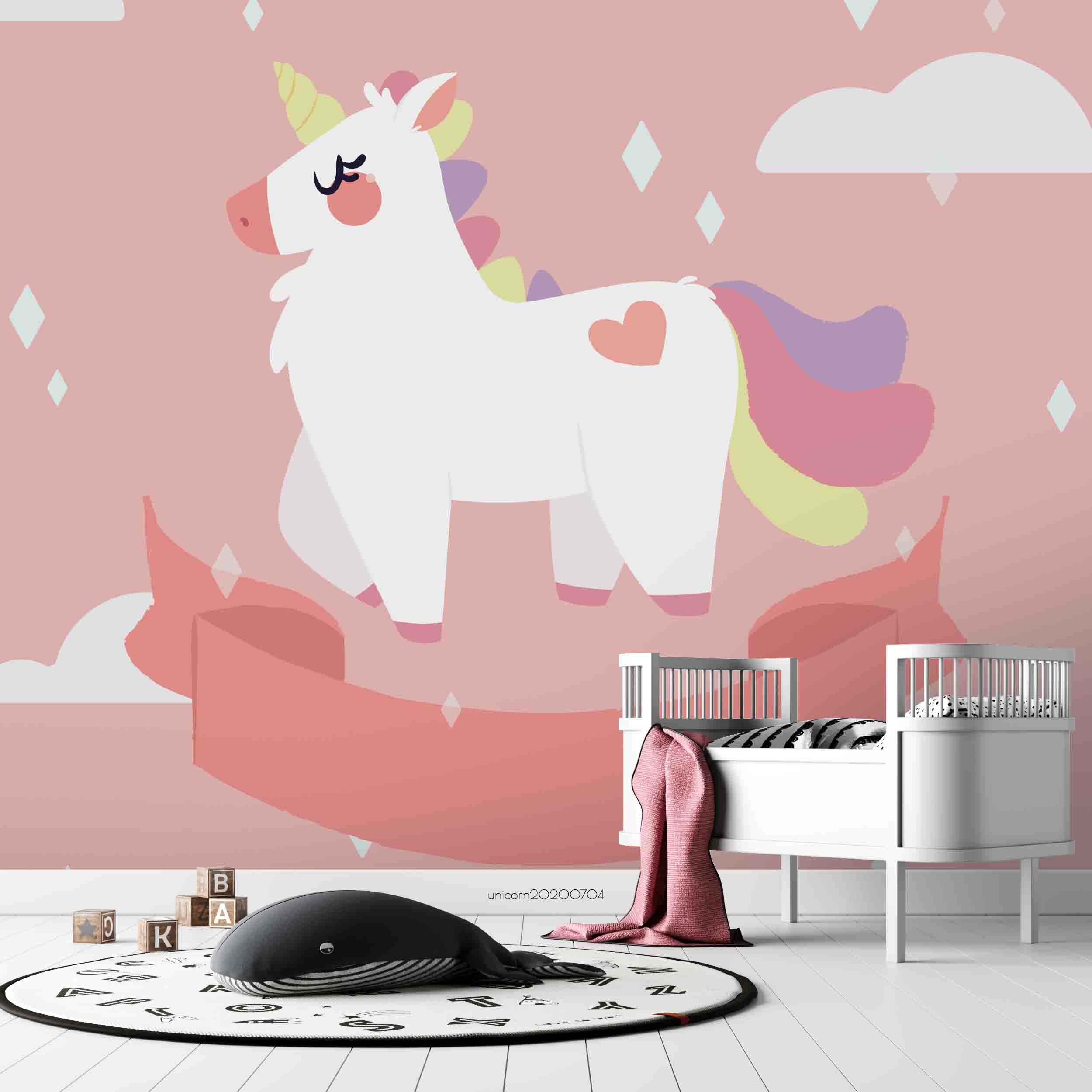 3D Cartoon Flying Rainbow Unicorn Pink Wall Mural Wallpaper Lxl 189