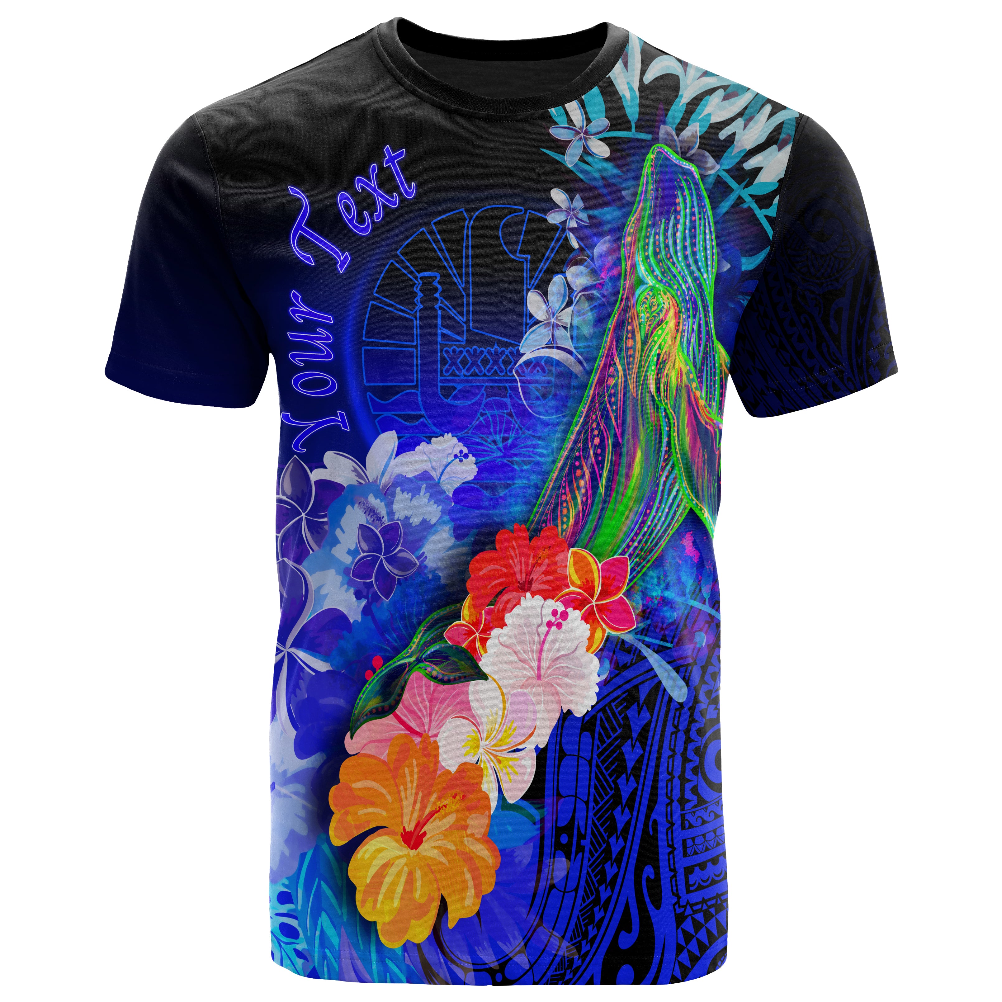 Tahiti Custom Personalised T-Shirts – Humpback Whale with Tropical Flowers (Blue)- BN18