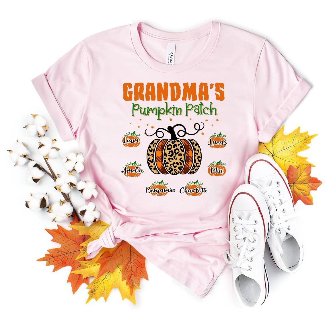 Personalized T-Shirt Grandma’S Pumpkin Patch Plaid Leopard Orange Pumpkin Custom Grandkid’S Name Fall Shirt