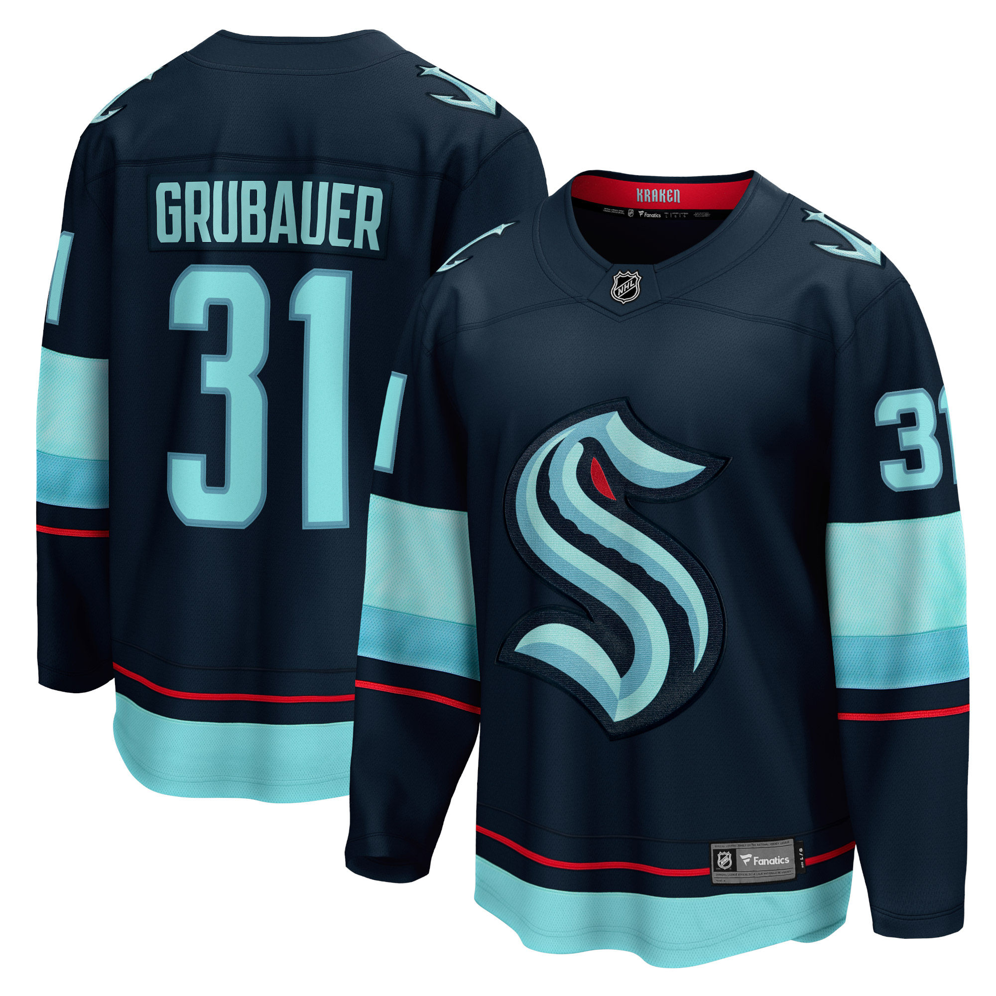 Philipp Grubauer Seattle Kraken Branded Home Premier Breakaway Player Jersey – Deep Sea Blue