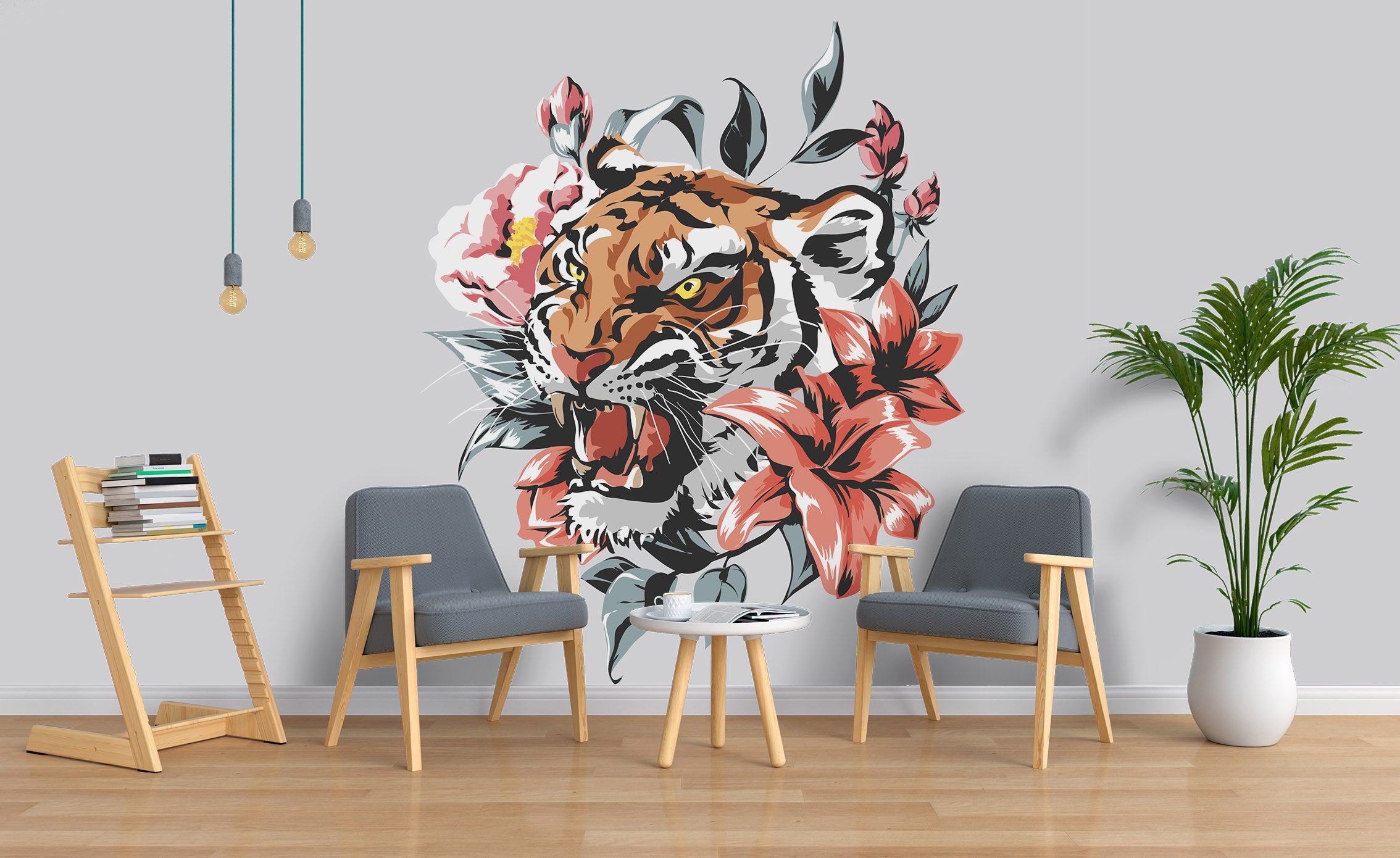 3D Hand Painted Tiger Flowers Wall Mural Wallpaper 34