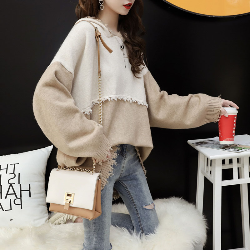 Spring Autumn Women Knitted Patchwork Hooded Pullover Sweater Fashion Tassel Femme Loose Korean Female Jumper Knitwear M212 alx