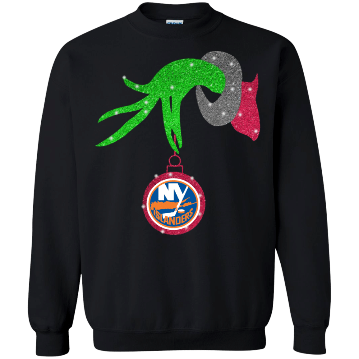 Check Out This Awesome Grinch Hand Holding New York Islanders Glitter Christmas Shirt Sweatshirt