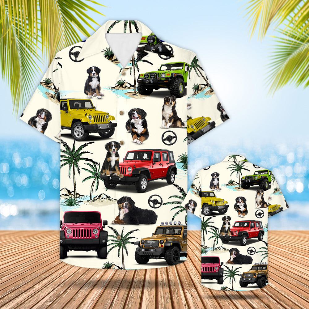 Jeep Bernese Mountain Hawaiian Shirt – Gift For Jeep Trips – Bernese Mountain And Jeep Pattern Trna