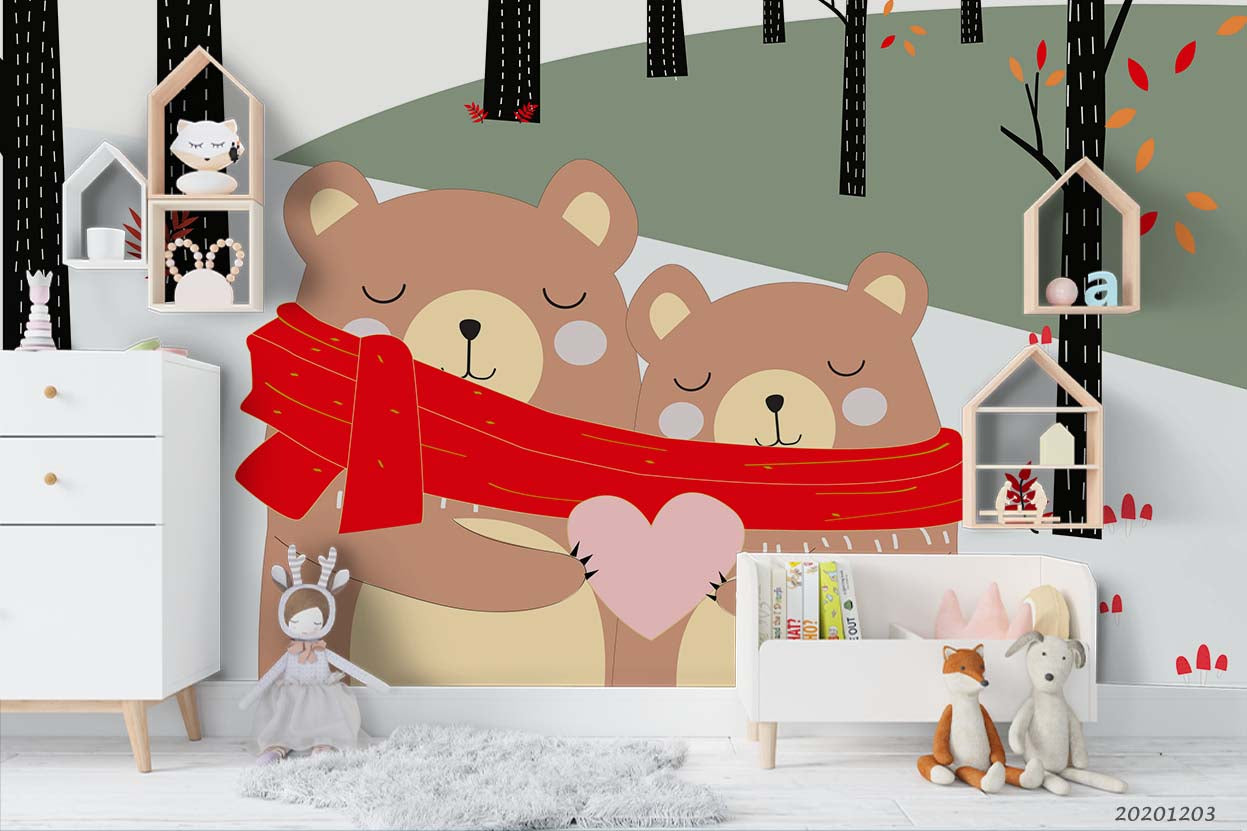 3D Cartoon Red Scarf Bear Couple Animal Tree Plant Wall Mural Wallpaper Lxl