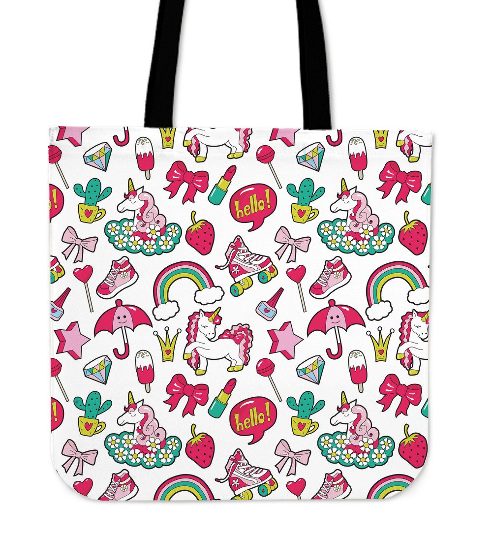 White Girly Unicorn Pattern Print Canvas Tote Bag