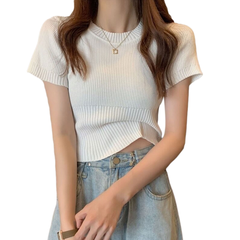 Women Ice Silk Ribbed Knit T-Shirt 2022 Summer O-Neck Basic Solid Slim Thin Sweater Female Casual Short Sleeve Tee Shirt alx