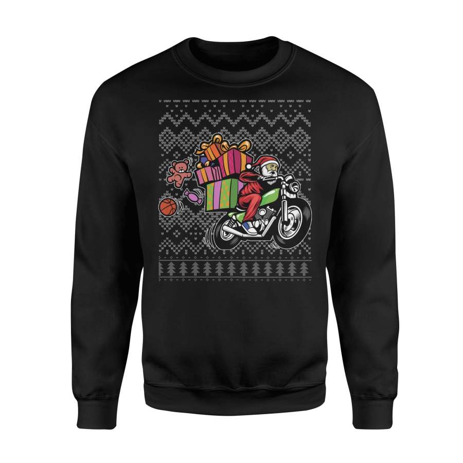 Santa On Motorcycle Ugly Christmas Sweater Funny Xmas Gift Long Sleeve T-Shirt – Standard Fleece Sweatshirt