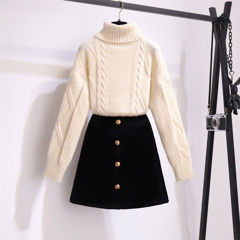 Women’s Autumn Suit Women 2021 New Knitted Sweater Women + Slim Skirt Large Size Two-piece Suit alx